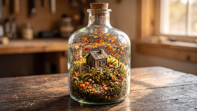 Cozy miniature house and fence in a bottle with autumn leaves, pumpkins, and mushrooms.