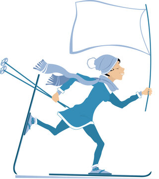Flag in the hand of skier woman