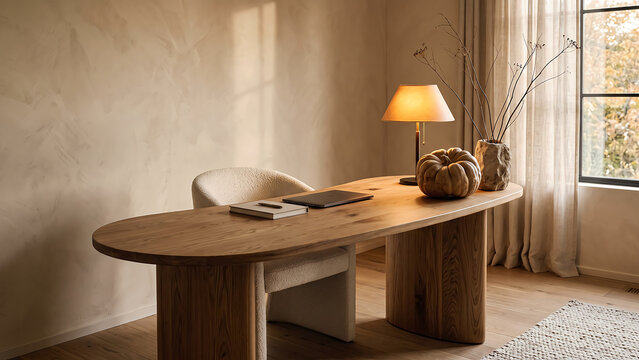 Elegant home office desk with chair, lamp, and textured pumpkin centerpiece.