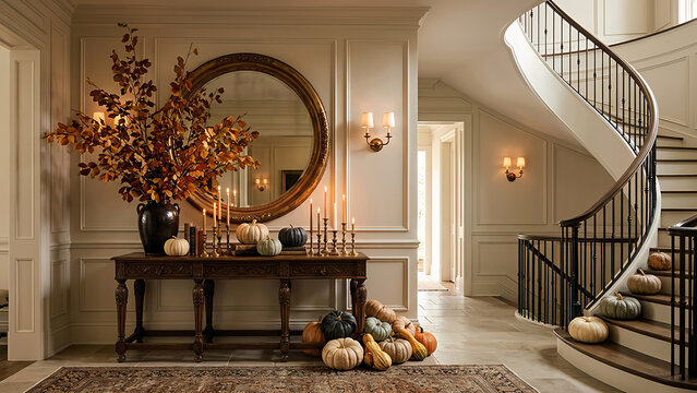 Elegant entryway decorated with pumpkins gourds and autumn foliage for fall.
