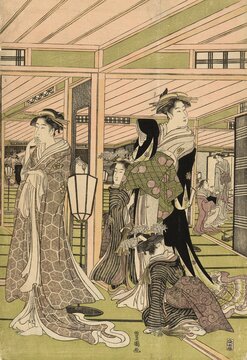Prostitution, the parlour of a brothel in the pleasure quarter, c. 1800, Japan, Historical, digitally restored reproduction from a 19th century original