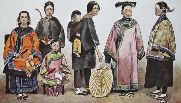 Clothes, fashion in China, around the 19th century, from left, Chinese mother with servant and child, a wet nurse with baby in a sling, a woman from Manchuria, Chinese woman with wooden shoes, digitally restored reproduction of an original 19th century pattern.