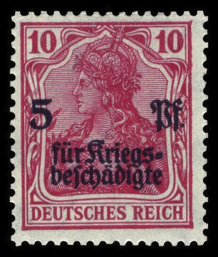Stamp vintage 1919 of the German Reichspost, For the war-affected, surcharge stamp Germania with overprint, 10 + 5 Pfennig, Historic, digitally restored reproduction