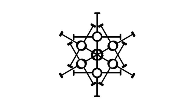 Geometric snowflake network icon with connected hexagon nodes and radiating lines, ideal for technology, molecule, data structure and complex systems