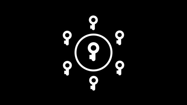 Central keyhole icon surrounded by six keyholes in a circle, ideal for key management, distributed access, shared security and encryption network