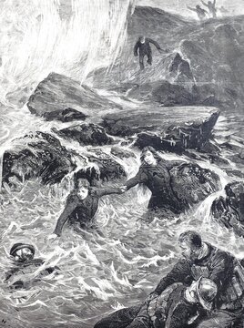 The Brave Rescue by Mrs Wright and Miss Jessie Ace from the Men of the Mumbles Lifeboat at Mumbles Head, near Swansea, 1880, Wales, Historical, Digitally restored reproduction from a 19th century original, Record date not stated