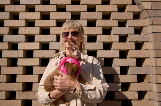 Woman Holds a Small Minpin Dog While Standing in Front of a Brick Wall