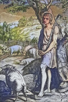 Biblical Story, The Prodigal Son, Historical Steel Engraving from 1860