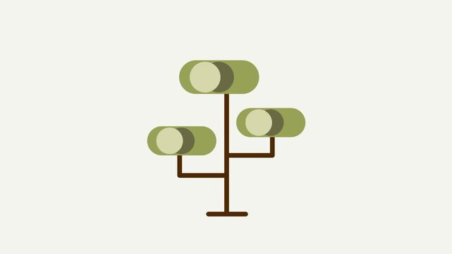Minimalist mid century style tree illustration with three olive green cylindrical canopies on a branching brown trunk against a clean cream background