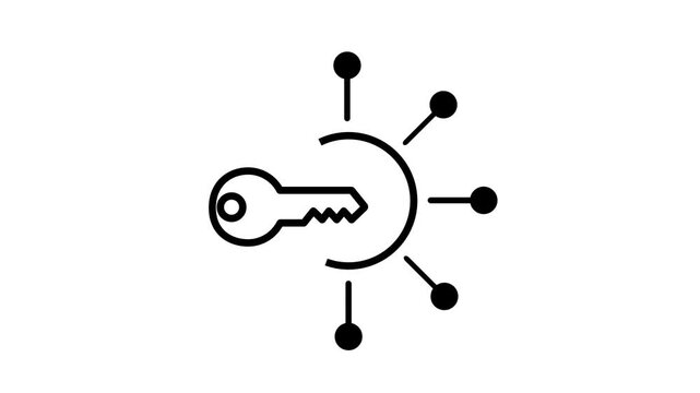 Key icon with an arc and radiating nodes, ideal for key distribution, access management, security, authentication, encryption and cyber protection