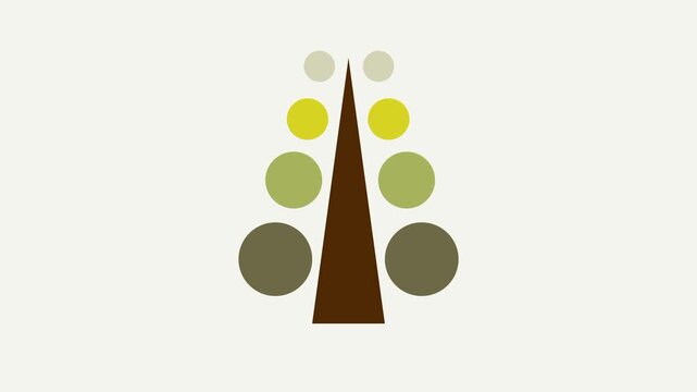 Stylized tree illustration with a tall dark brown triangular trunk and layered olive green and yellow circles forming foliage on a cream background