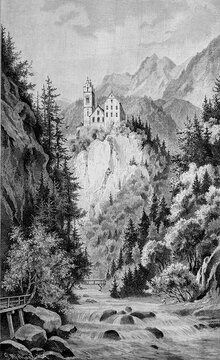 Pilgrimage churchauf dem Georgen, belonging to St. Georgenberg-Fiecht Abbey, the successor of St. Georgenberg Abbey, a Benedictine monastery since 1708 in Fiecht in the municipality of Vomp in Tyrol, Austria, digitally restored reproduction of a 19th century original, exact date unknown