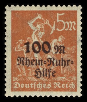 Stamp vintage 1923 of the Deutsche Reichspost, German Reich, Surcharge stamps for the Rhine and Ruhr Aid, Miner, 5 Marks plus 100 Marks, Historic, digitally restored Reproduction