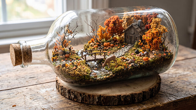 Enchanting forest scene diorama in a bottle with a bridge and deer, autumn colors.
