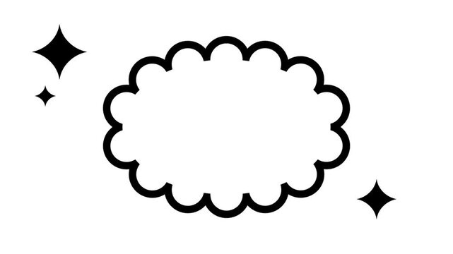 Black outline cloud speech bubble with wavy edges and sparkling star shapes on a white background perfect for message and creative thought concepts