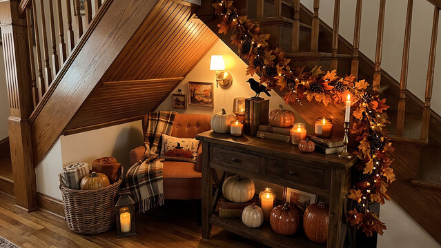 Home staircase decorated with autumn leaf garland and fall pumpkins for seasonal ambiance.