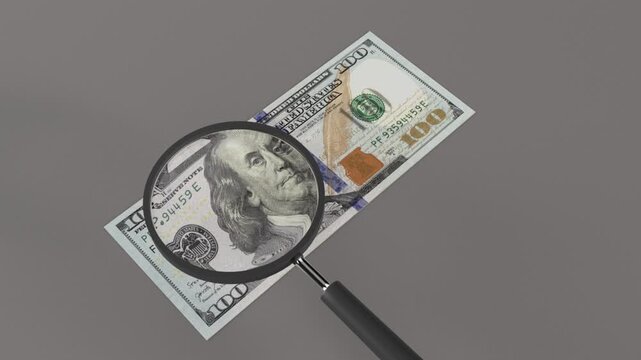Magnifying glass inspecting one hundred US dollar bill for financial audit in a loop 3d render