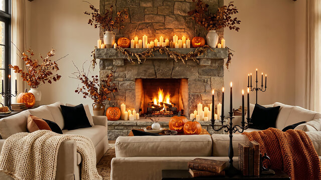 Living room fireplace decorated with pumpkins candles and autumn branches.