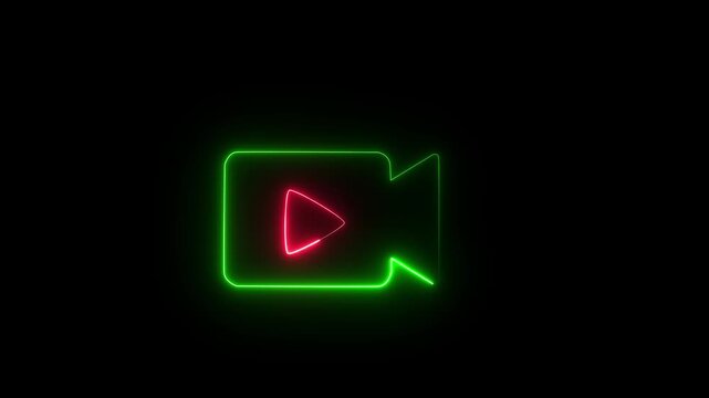 Glowing Neon Video Camera Icon on Black Background &ndash; Digital Recording, Streaming and Media Technology Concept.