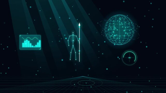 Futuristic sci-fi HUD interface with digital warrior and data globe