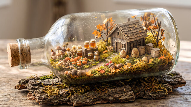 Miniature autumn forest scene inside glass bottle with tiny house and pumpkins, charming craft display.
