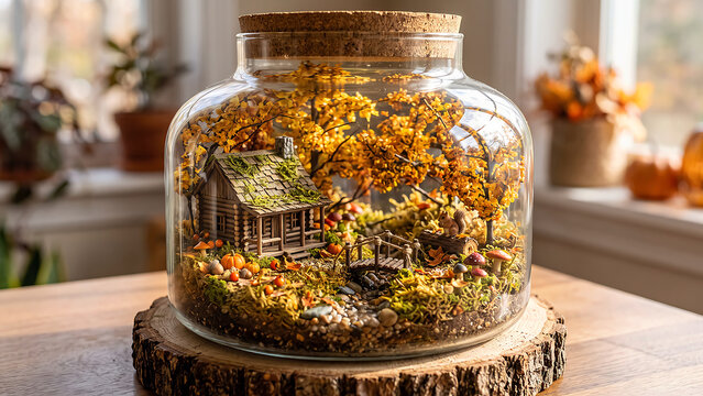 Miniature autumn cabin village scene in a glass jar for seasonal decor.