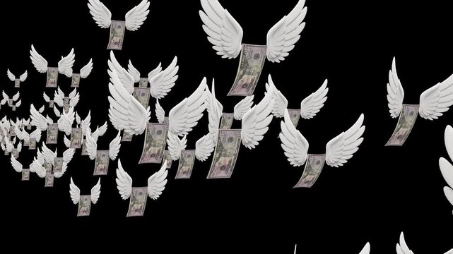 Fifty US dollar bills with wings flying from the distance 3d render