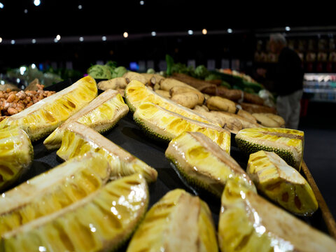 Fresh Jackfruit Slices on Display in a Local Market