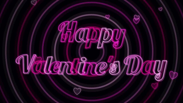 Happy Valentine's Day pink neon script text with hearts and rings seamless loop