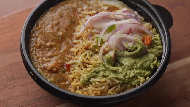 Aromatic Spiced Masala Rice Served with Rich Indian Curry and Fresh Sliced Onion Topping in a Bowl, Close-Up Food Shot.