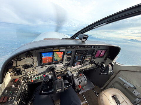 Cockpit of a Small Single Engine Turboprop in Flight