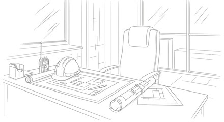 Fototapeta premium A desk in an office setting displays architectural blueprints, a hard hat, and a radio, suggesting a project planning or construction management environment.