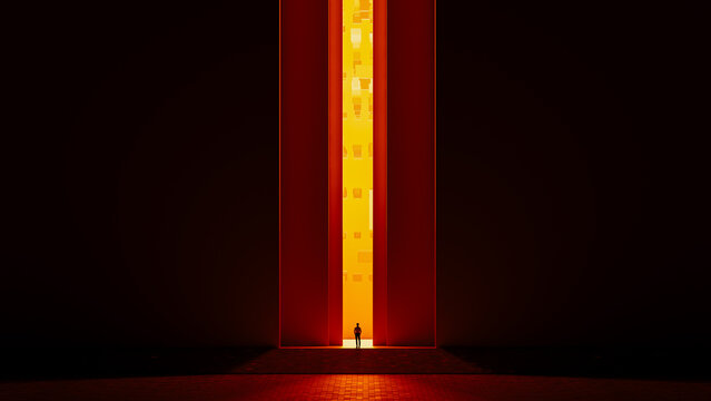 Man Standing Before Glowing Portal in Dark Space