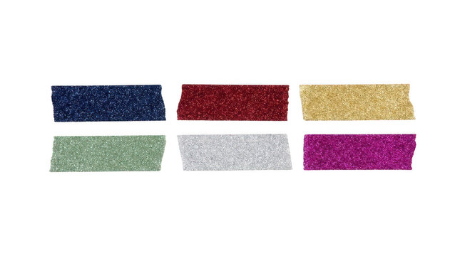 Set of six colorful glitter tape strips isolated on transparent background