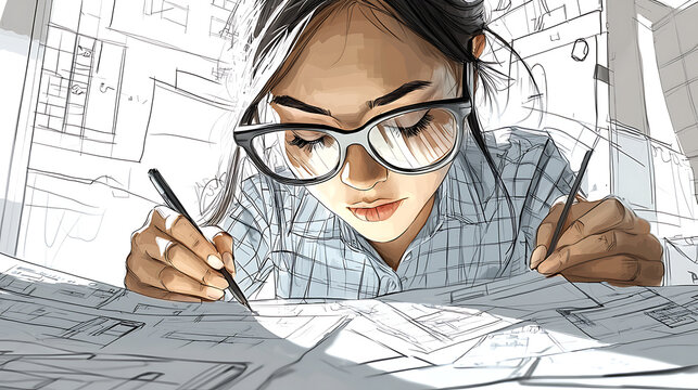 Architectural sketch concept illustration of a young woman designer working on blueprints