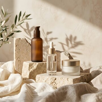 Aesthetic skincare product display featuring amber and clear glass serum bottles and a cream jar on beige travertine stone podiums, surrounded by draped linen fabric and soft plant shadows in warm nat