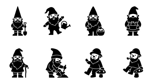 Garden gnome vector set, black and white silhouettes, cute lawn dwarfs collection