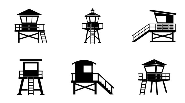 Lifeguard tower vector icons set. Black and white beach watchtower graphics for designs.