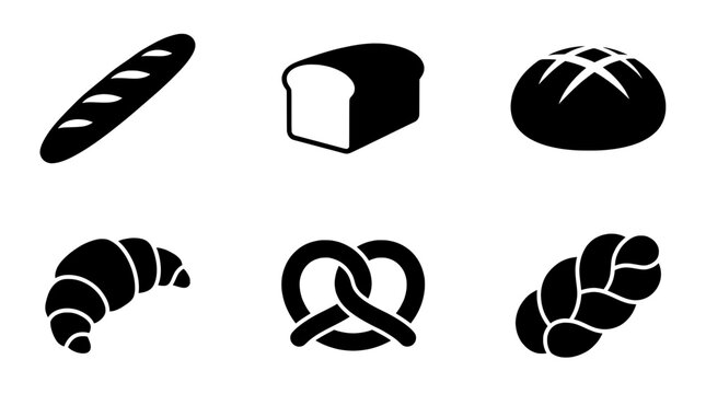 Minimalist bread icons vector set, black bakery symbols for design and web use