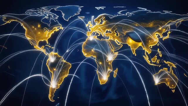 Global network connections and flight paths across world map at night