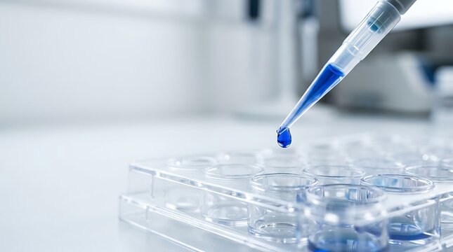 Laboratory pipette releasing a drop of blue liquid into a multiwell plastic culture plate