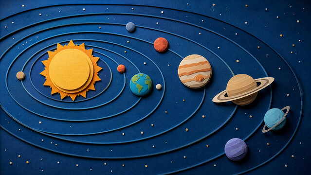 A miniature solar system model laid on a deep blue background, featuring a bright sun and colorful planets arranged along concentric orbits. Concept for education, astronomy, and science.