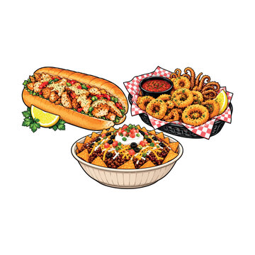 Seafood Sandwich, Fried Calamari and Loaded Nachos Vector Collection, Colorful Fast Food Illustration.