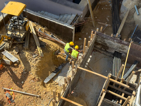 Construction Foundation Pit Formwork And Pipe Conduit Installation