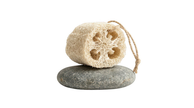 Natural loofah sponge sitting on top of a smooth grey spa stone transparent background