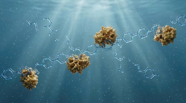 Globular petase enzyme performing active site hydrolysis along synthetic polyethylene terephthalate chain, breaking polymer ester bond, releasing mhet fragment into marine water.