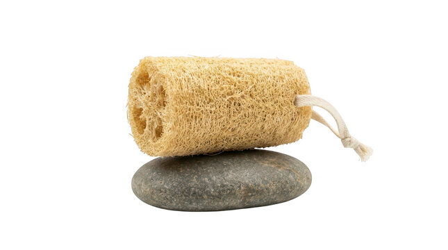 Natural organic loofah sponge sitting on a smooth grey stone isolated transparent background