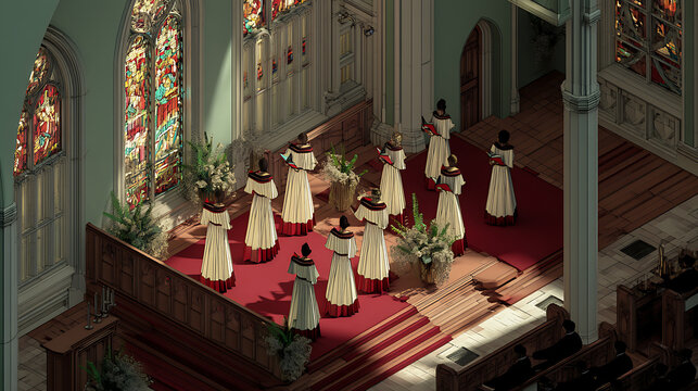 Isometric illustration of church choir members in white and red vestments singing during a service