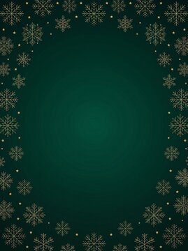 Vertical green and gold Christmas background with snowflakes frame