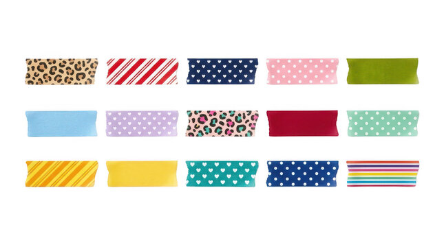 Set of colorful decorative washi tape strips isolated on transparent background